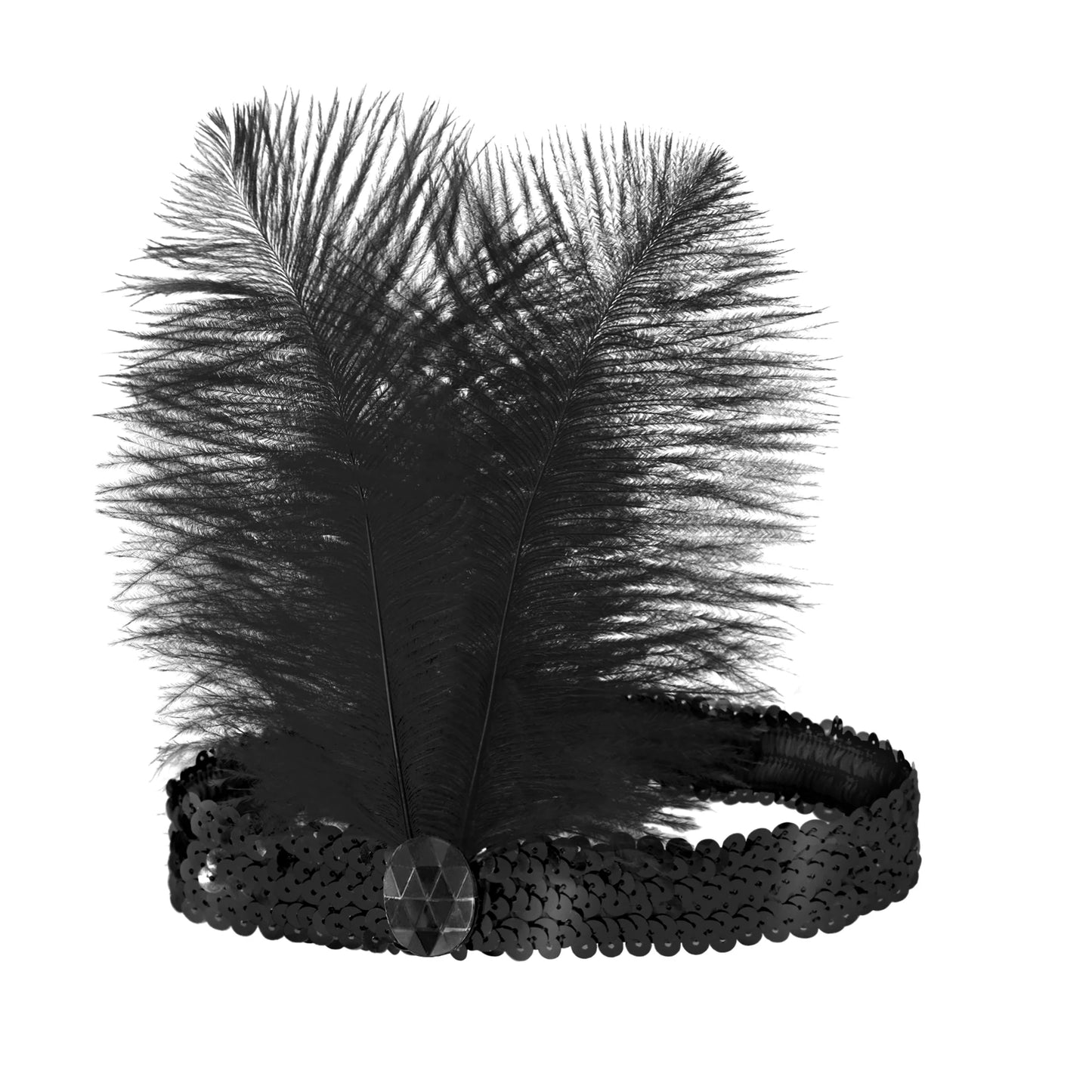 Ett svart hårband för maskerad täckt av gnistrande paljetter med en svart juvel i mitten och stora fluffiga fjädrar.