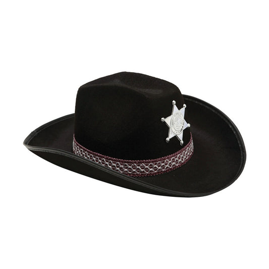 En klassisk svart cowboyhatt med en silverfärgad stjärna framtill, perfekt för en sheriff- eller vilda västern-utklädnad.