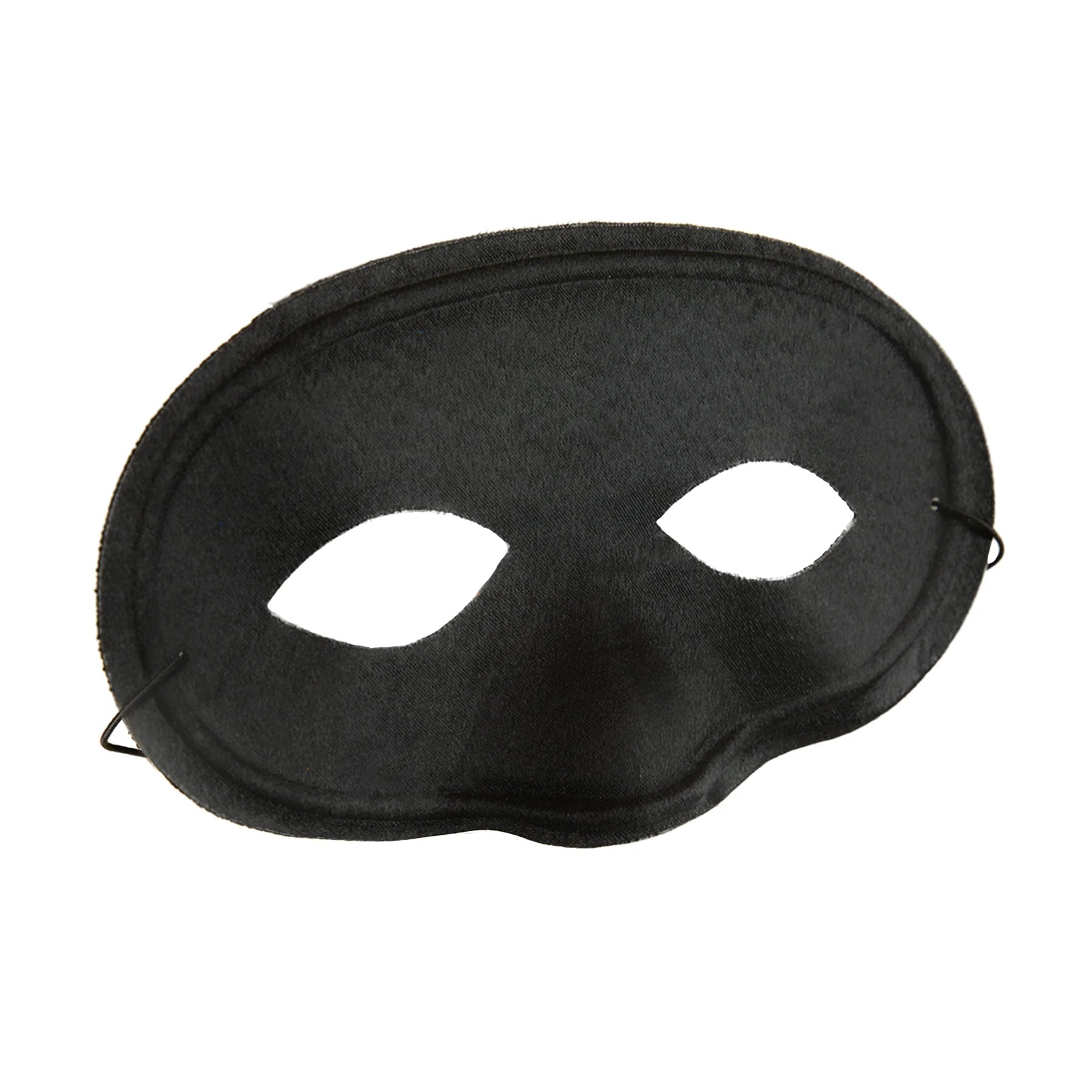 En svart ögonmask med två ögonöppningar och elastiskt band visas snett framifrån mot vit bakgrund.
