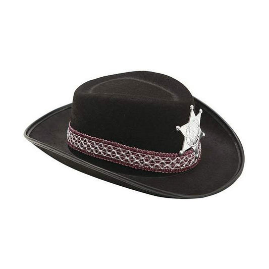 En klassisk svart cowboyhatt, designad för barn, perfekt för maskerad eller lek i vilda västern-tema.
