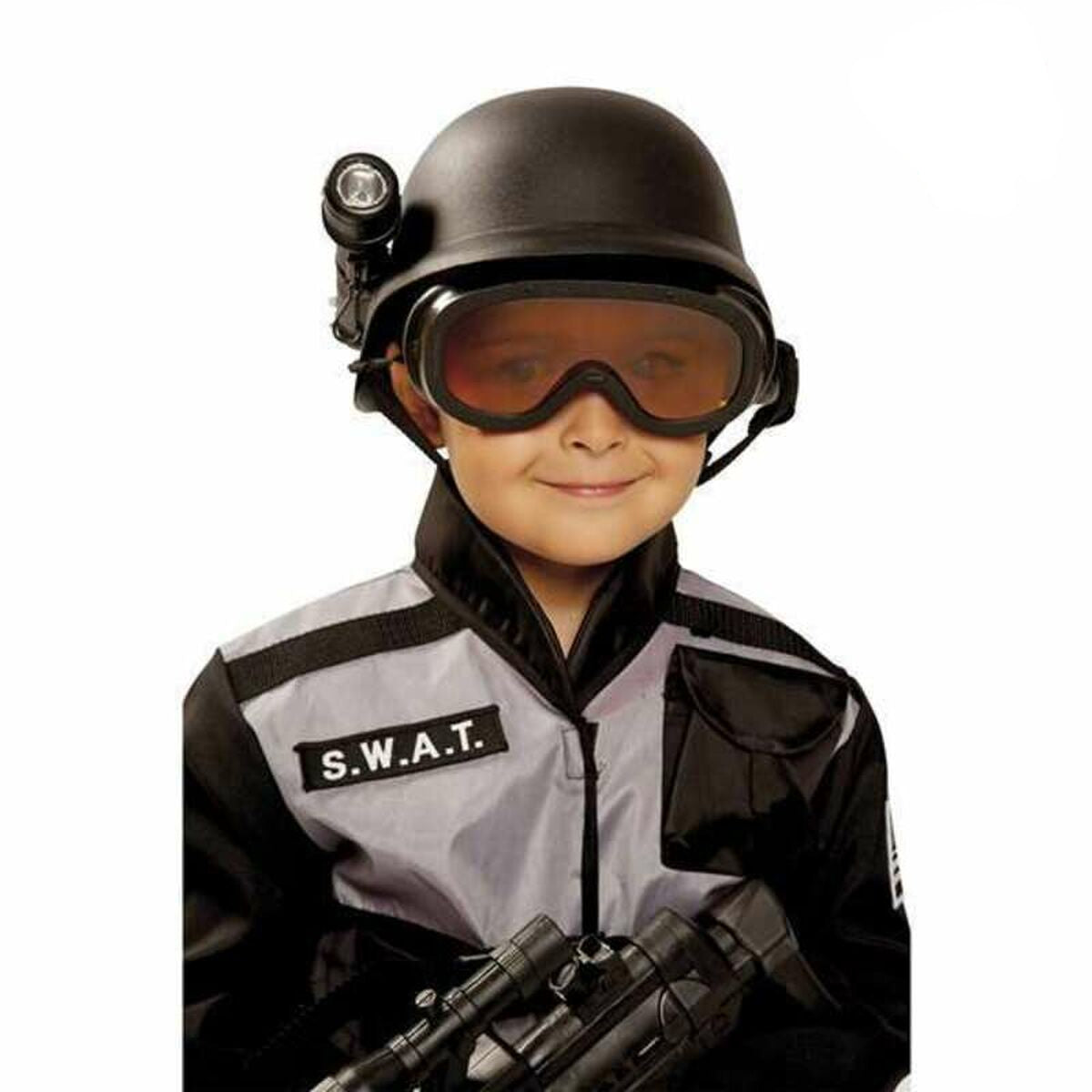 Barn med SWAT-hjälm och goggles, redo för action.