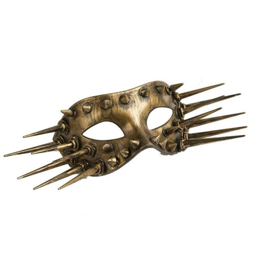 En bronsfärgad ögonmask i steampunk-stil, täckt av nitar och långa, vassa spikar som sticker ut aggressivt från sidorna.