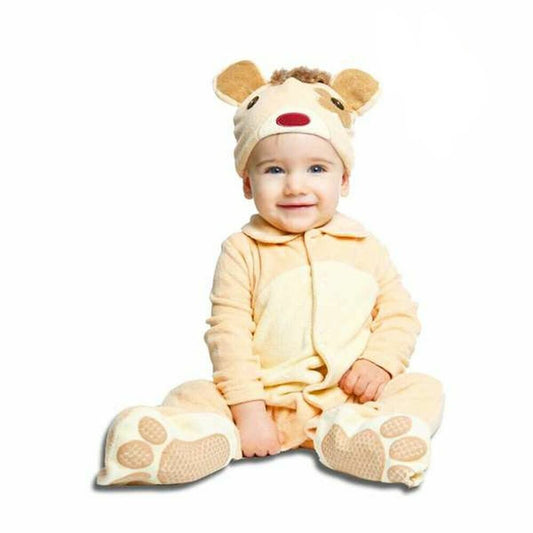 Bebis i mjuk teddybjörnsdräkt med beige tassar, björnhuva med öron och söt nos – perfekt för maskerad eller mysiga foton.