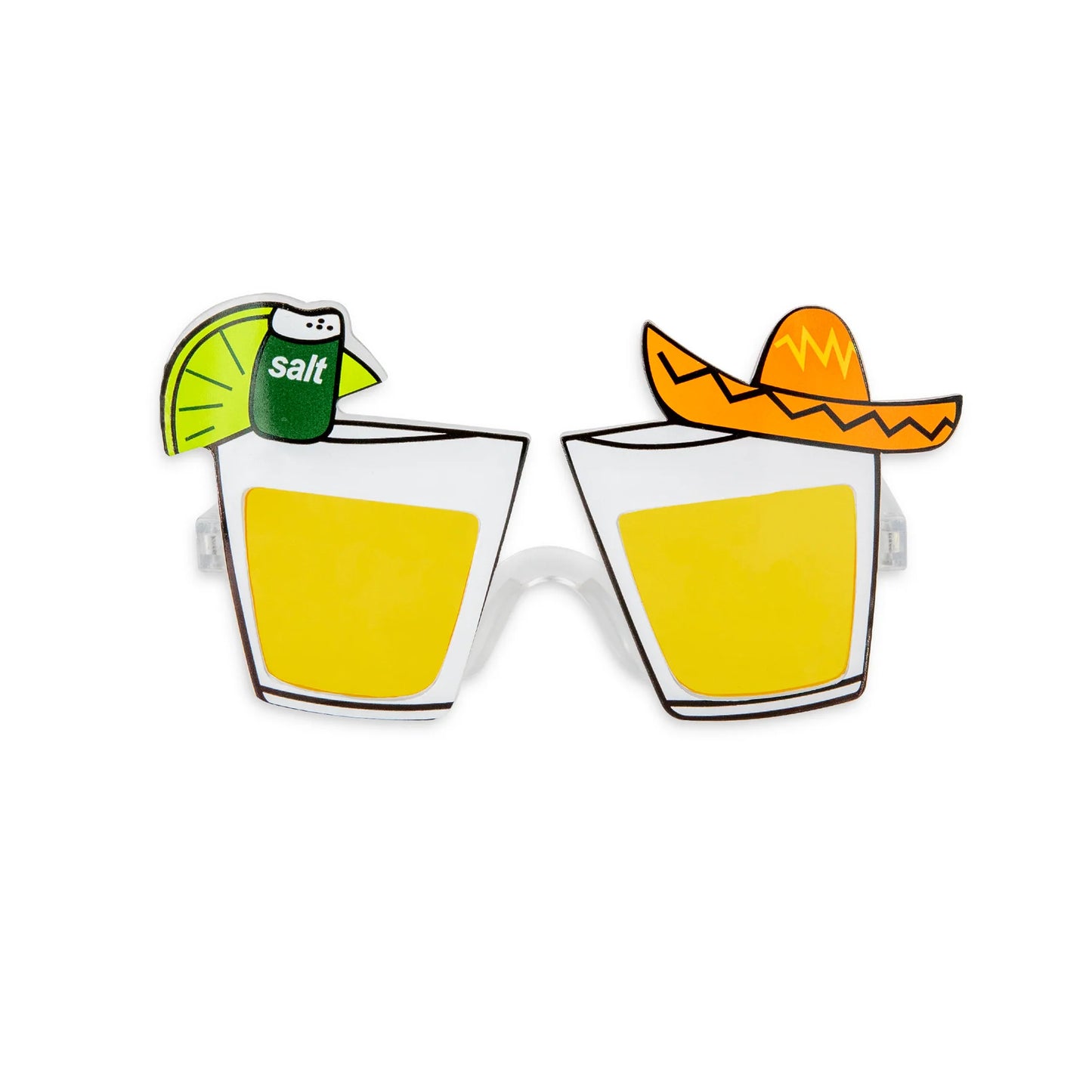 Ett par tequila festglasögon visas framifrån med gula linser, transparent båge och dekorativa detaljer i form av lime och sombrero.