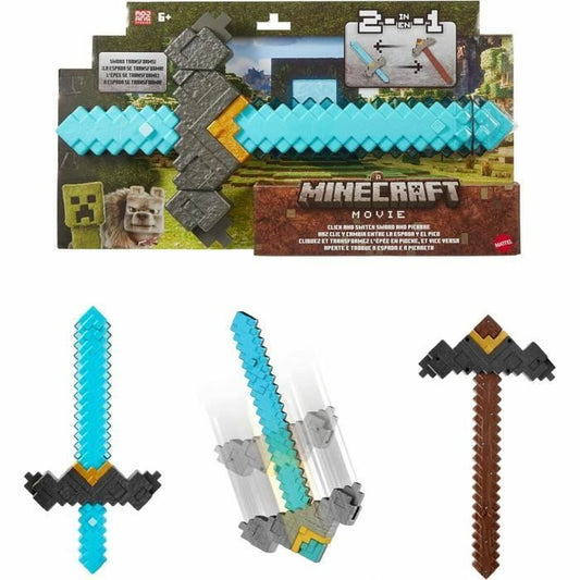 Ett montage som visar Minecraft 2-i-1 svärd/hacka, dess transformationsrörelse och förpackningen från Minecraft-filmen.