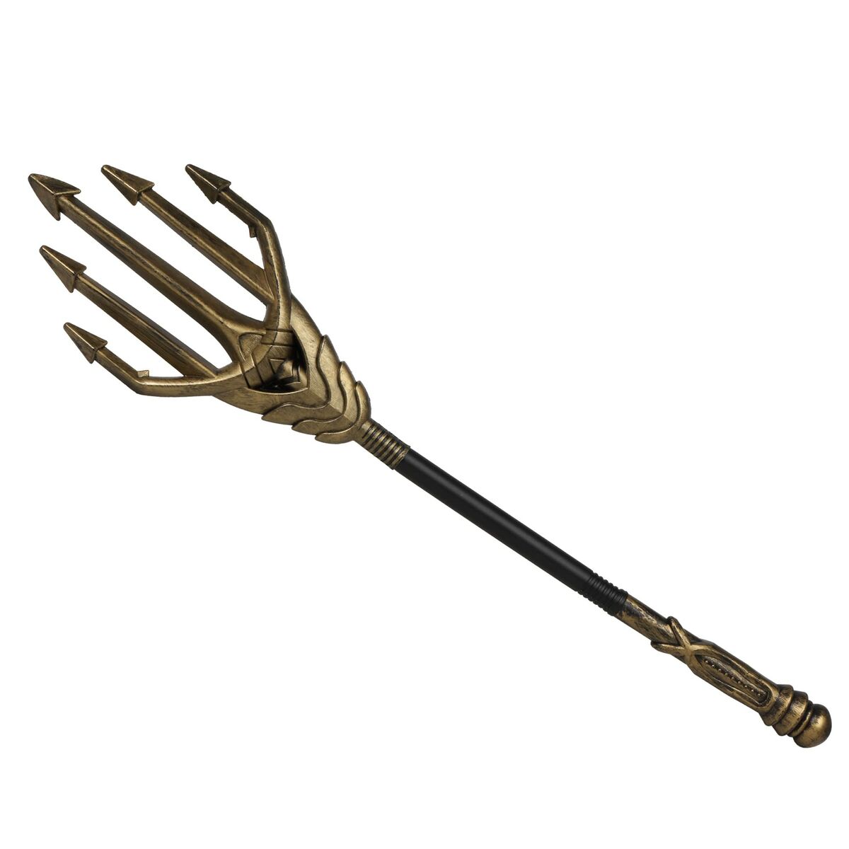 Guldig treudd i plast med svart skaft och detaljrik spetsdesign, cirka 55 cm lång.