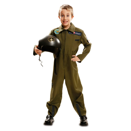 En leende pojke poserar i en Tuff Top Gunner Overall för Barn och håller i en pilothjälm.