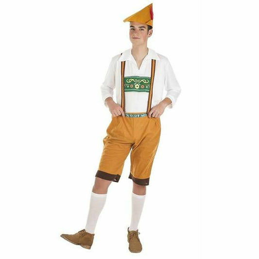 En man poserar i en tyrolerdräkt för herr med senapsgula byxor med hängslen, vit skjorta och en matchande gul tyrolerhatt.