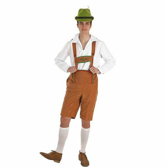 En man poserar i en tyrolerdräkt med bruna mocka-inspirerade lederhosen, vit skjorta och en matchande grön tyrolerhatt.