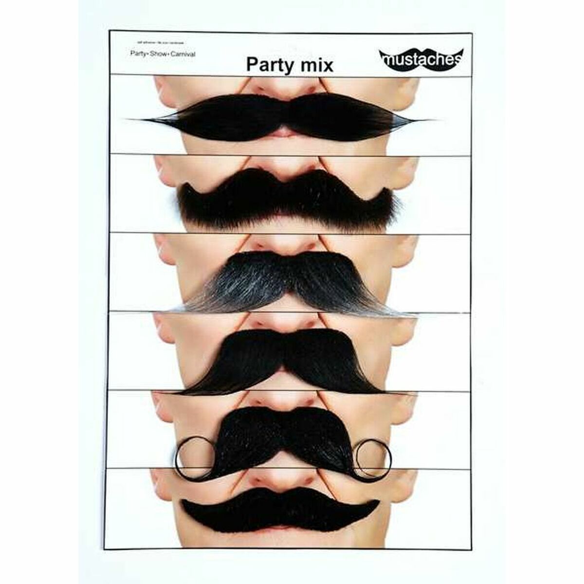 En förpackning med ett "Party mix" mustasch-kit, som visar sex olika stilar av svarta och gråa lösmustascher.
