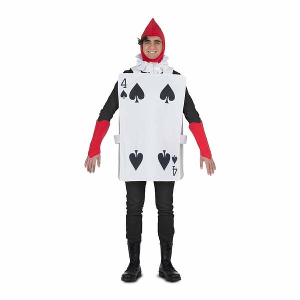 En man poserar framifrån i en spelkort maskeraddräkt som föreställer spader fyra.