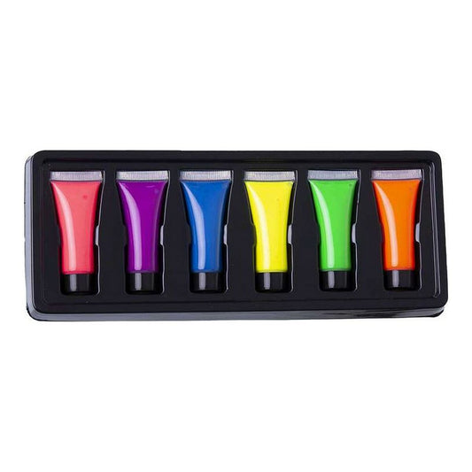 Ett kit med sex tuber UV-reaktiv hårfärg i färgerna röd, lila, blå, gul, grön och orange.