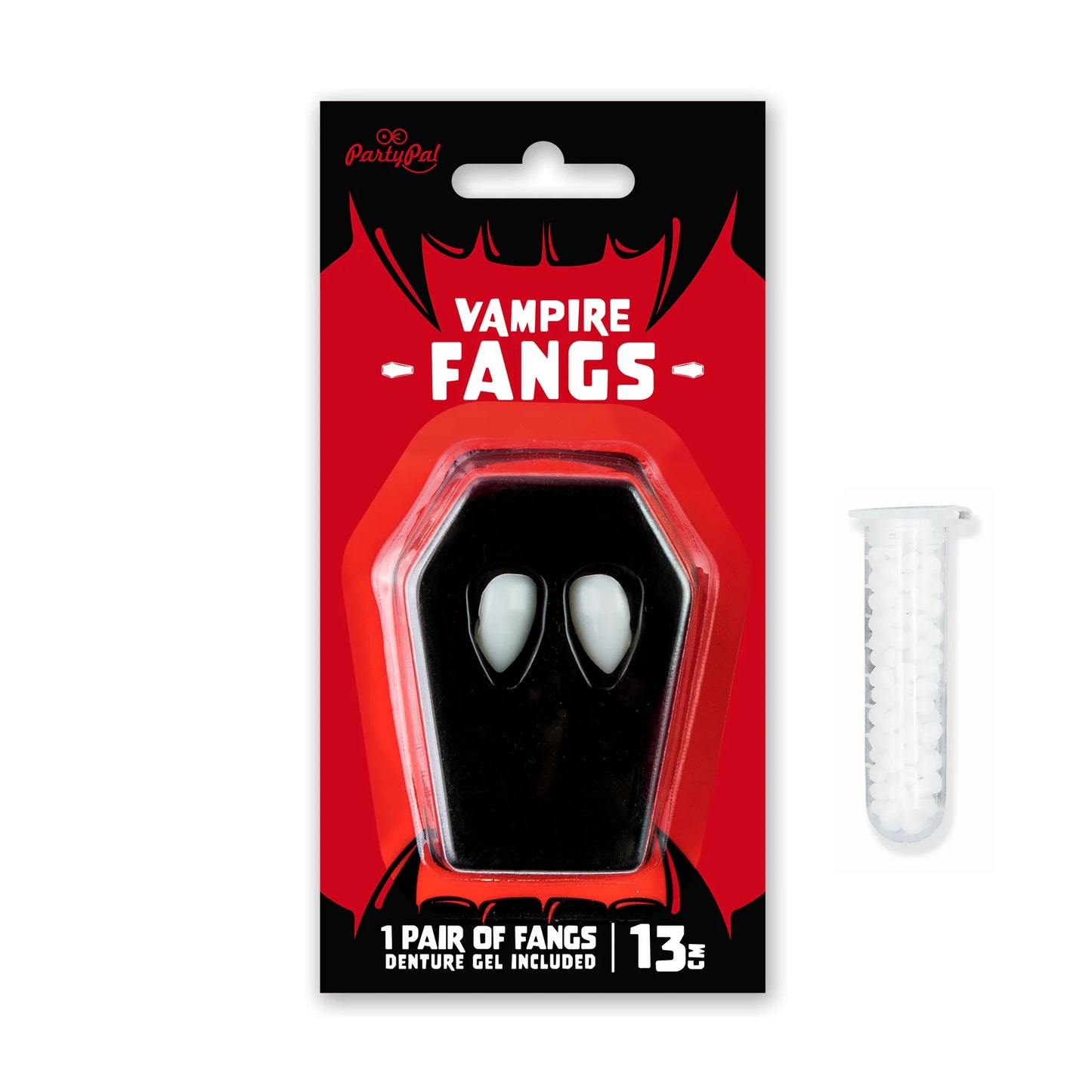 En röd och svart förpackning med vampyrtänder, fästgel och texten Vampire Fangs visas mot vit bakgrund.