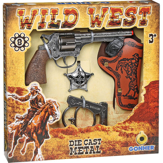 Ett komplett vilda västern leksaksset med silverfärgad revolver i metall och träimitation, brunt hölster, brunt bälte, sheriffstjärna och metallhandklovar.