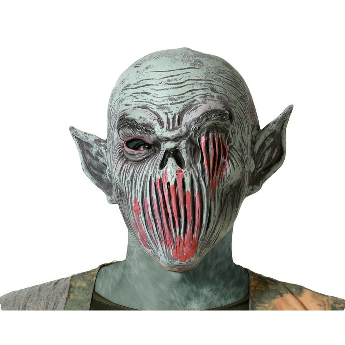 En person bär en Vedervärdig Ruttnande Vampyrmask i latex, med gråaktig hud och en blottad, blodig käft.