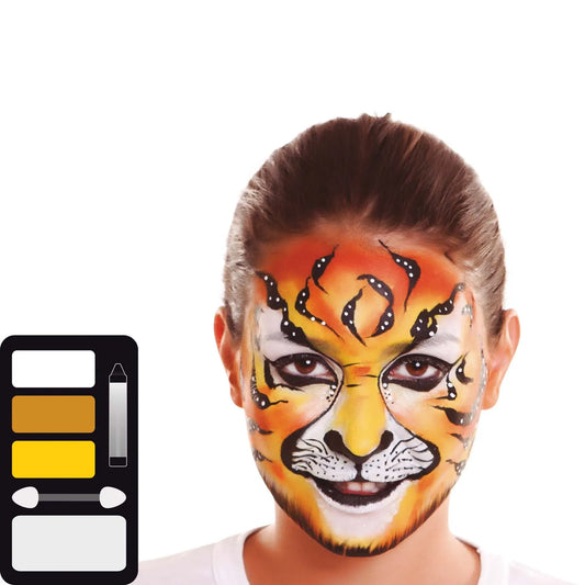 En kvinna med en komplett tiger-ansiktsmålning