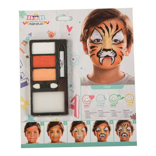 En förpackning med ett barnsmink-set som visar en pojke med en komplett och tuff tiger-ansiktsmålning.