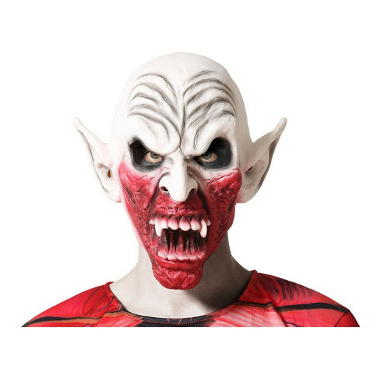 En vit och röd latexmask som föreställer en skräckinjagande vampyr med vassa tänder, blodstänk runt munnen och spetsiga öron.