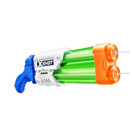 Ett X-Shot Dual Stream Vattengevär i färgerna blått, vitt, orange och grönt, sett från sidan.