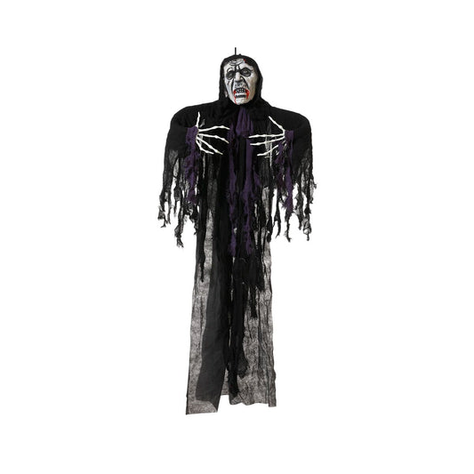 En lång, sliten zombiefigur med svart och lila trasor och skelettliknande händer. Skrämmande ansikte och inbyggt ljud- och ljuseffekt.